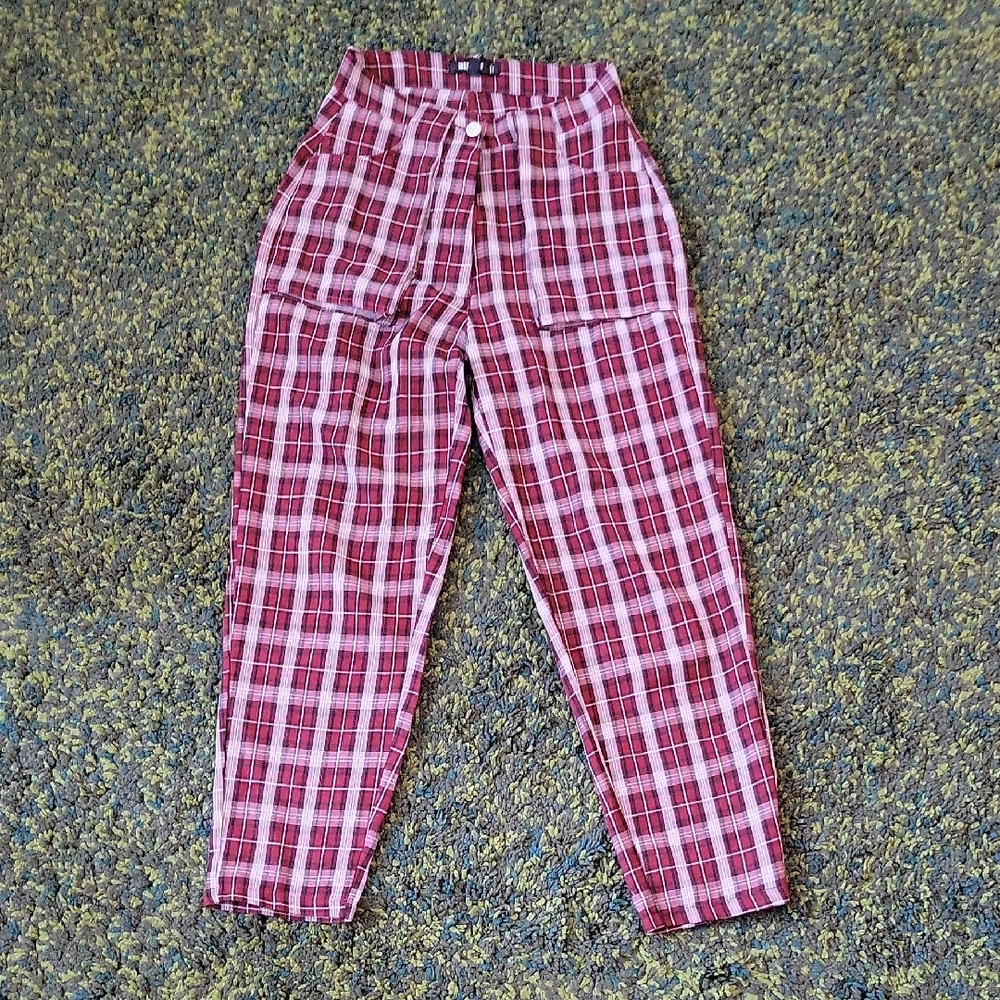 Missguided Red Plaid Cropped Pants